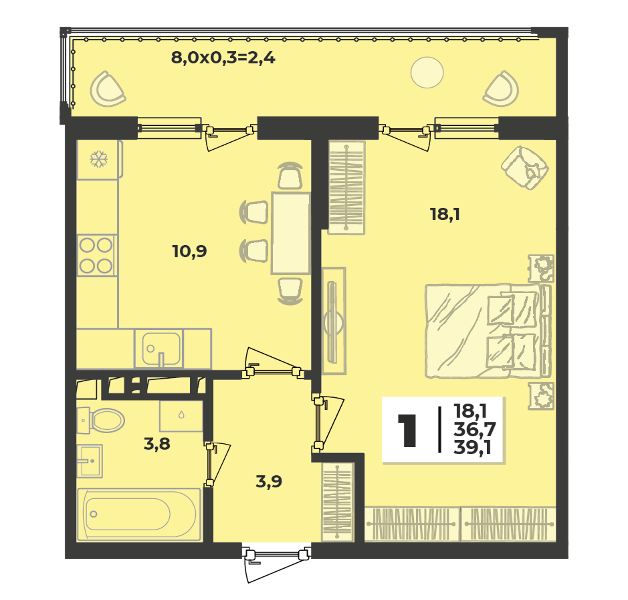Планировка 1-комнатная 39,1 м²