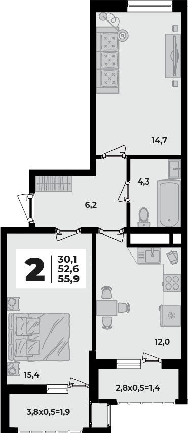 Планировка 2-комнатная 55,9 м²