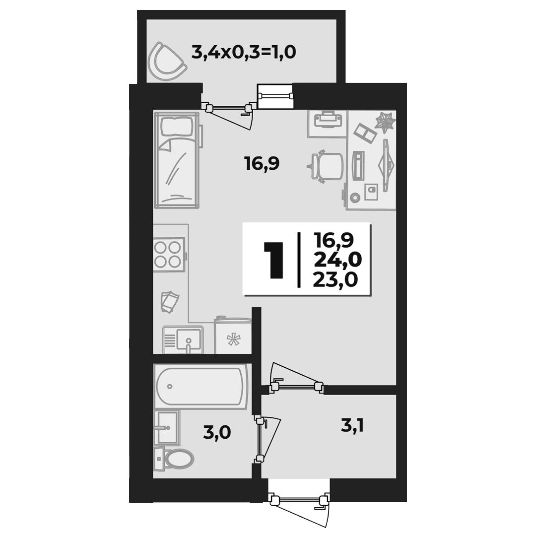 Планировка: Студия 23,6 м²