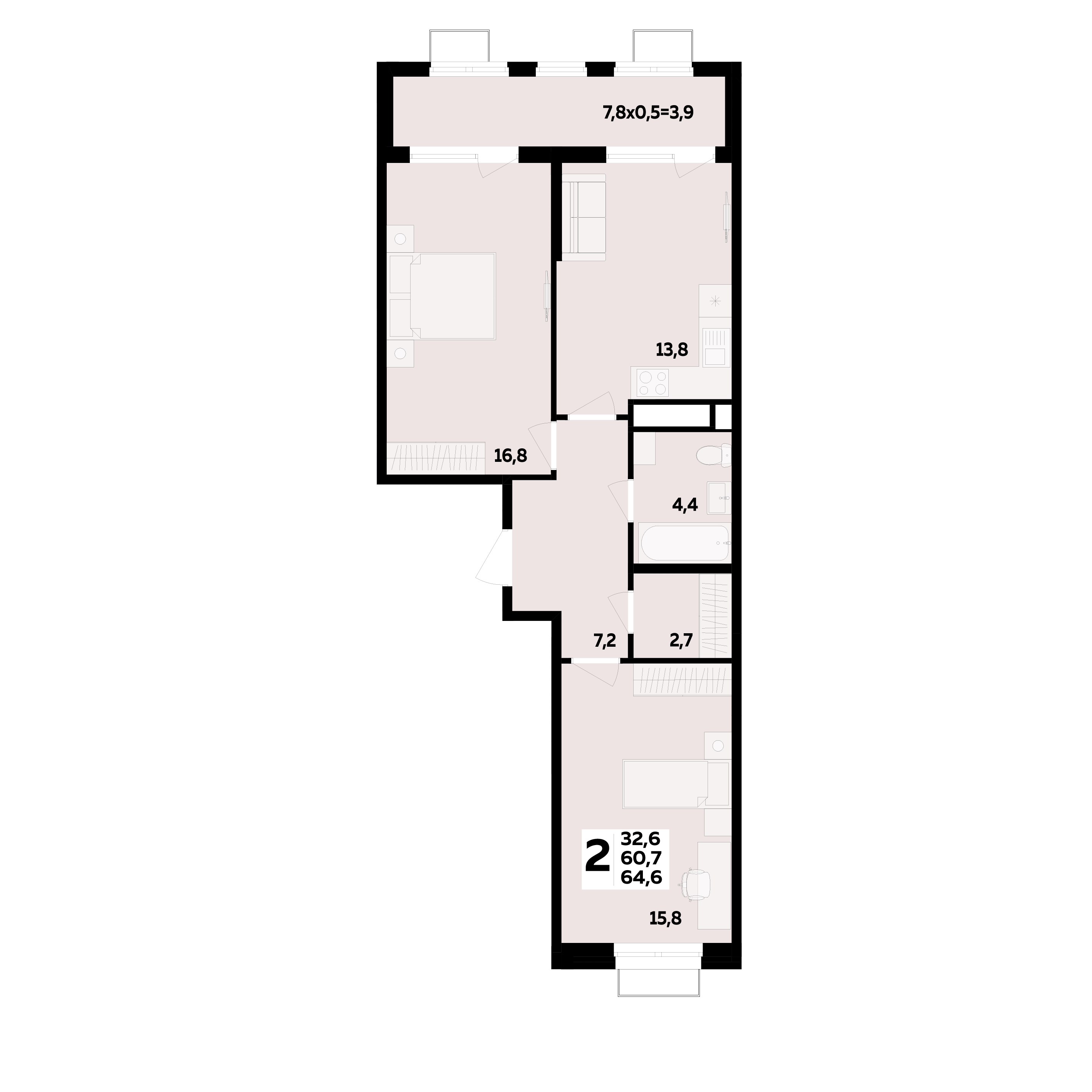 Планировка 2-комнатная 64,6 м²