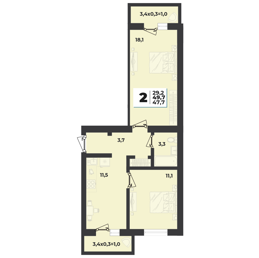 Планировка 2-комнатная 49,7 м²