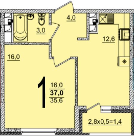 Планировка 1-комнатная 37 м²