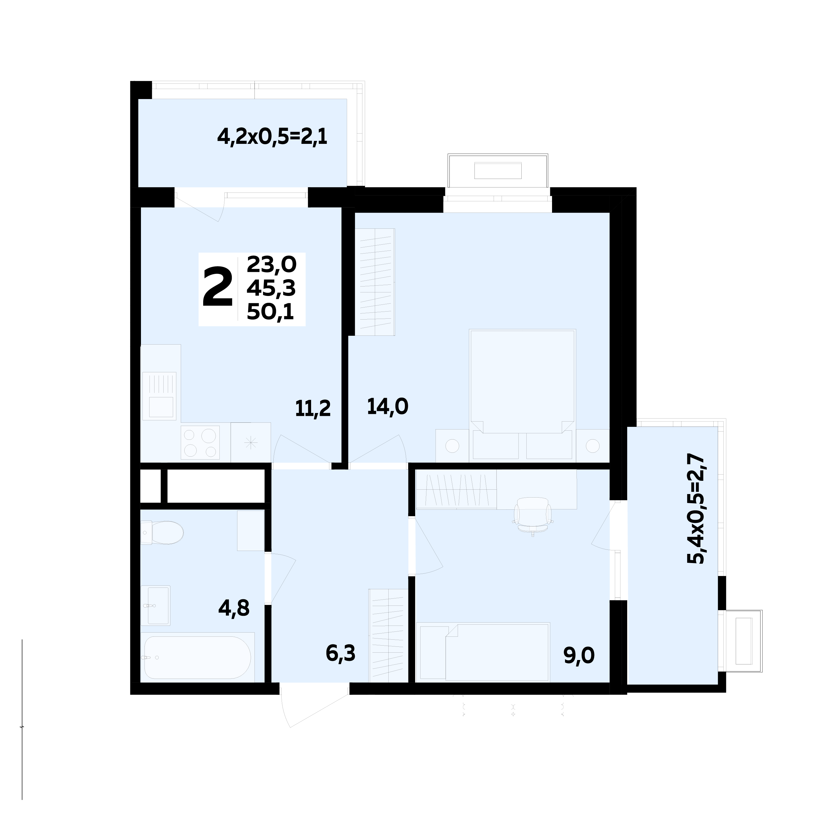Планировка: 2-комн. квартира 50,1 м²