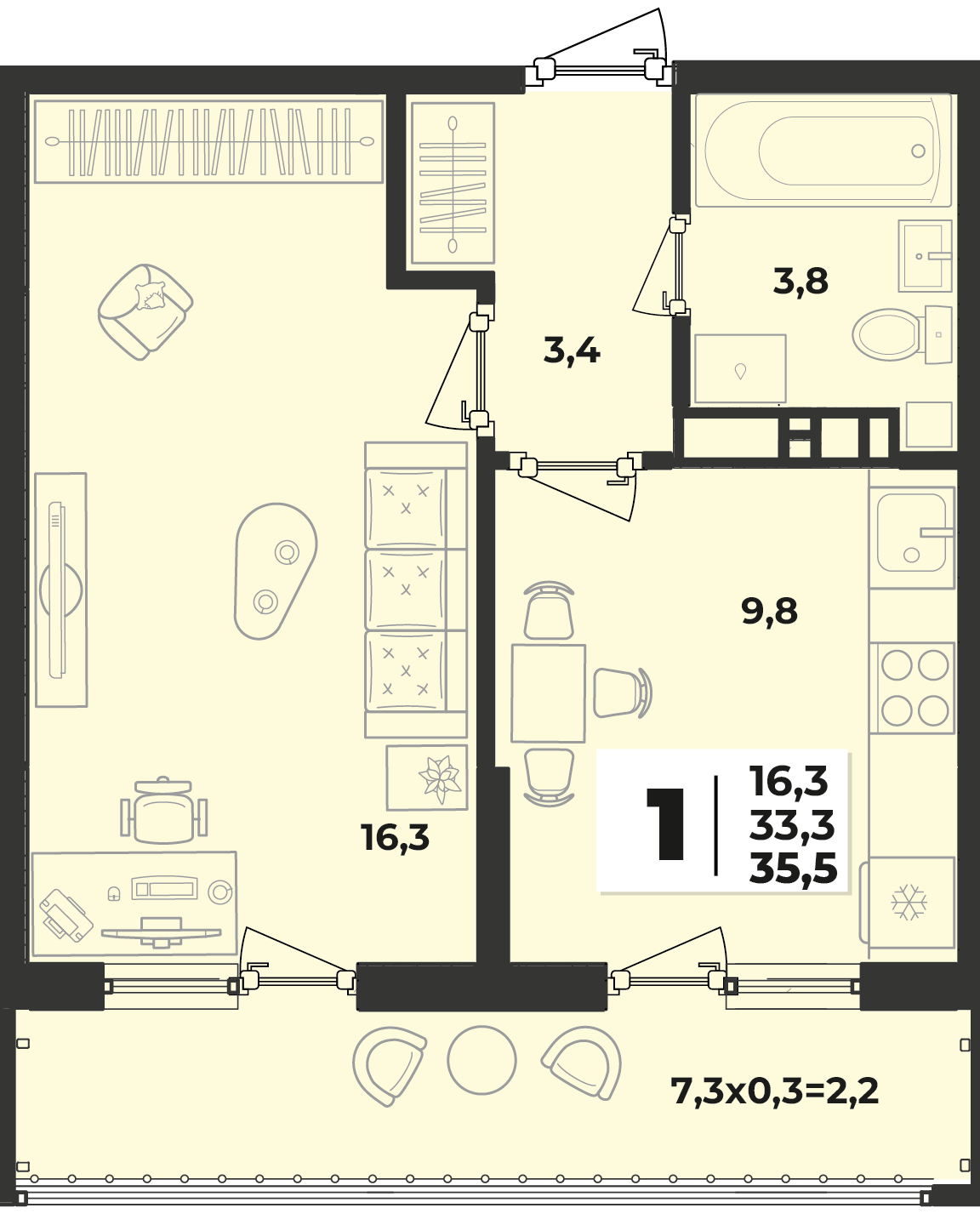 Планировка 1-комнатная 35,5 м²