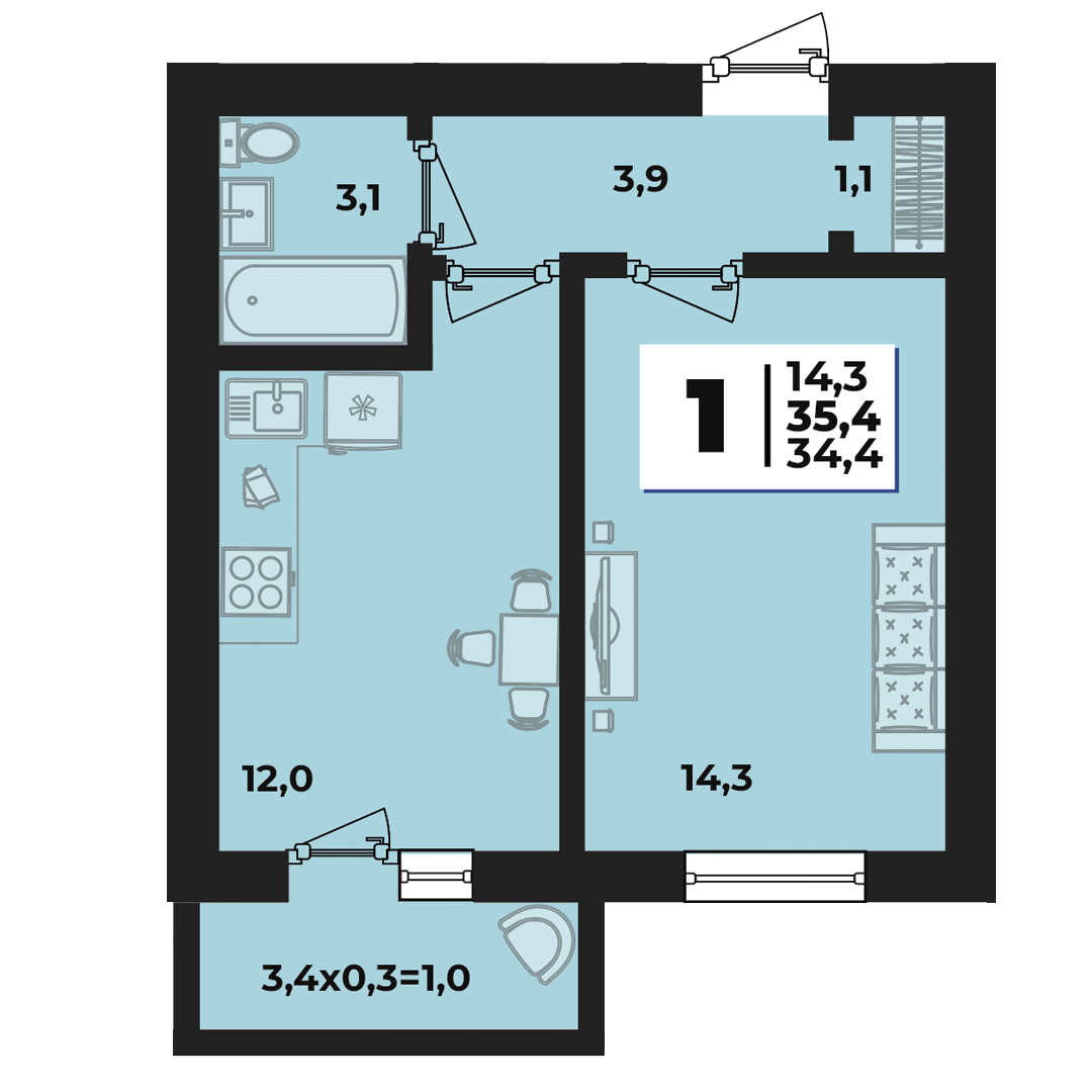 Планировка 1-комнатная 35,3 м²