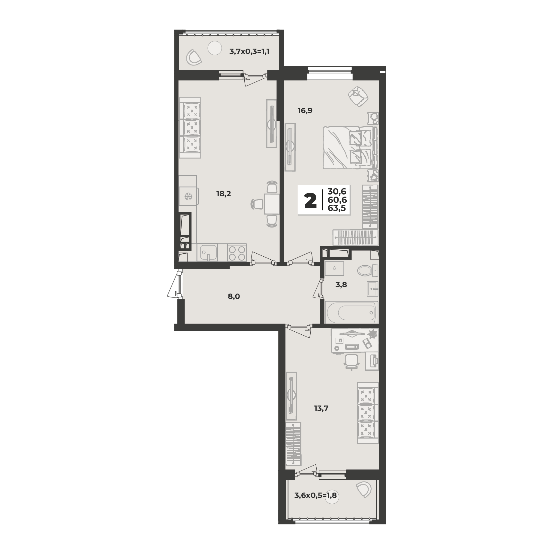 Планировка: 2-комн. квартира 63,7 м²