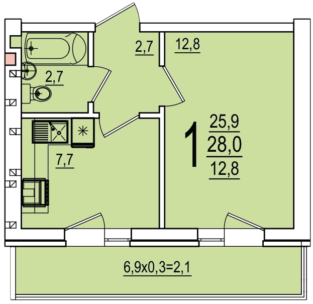 Планировка 1-комнатная 28 м²