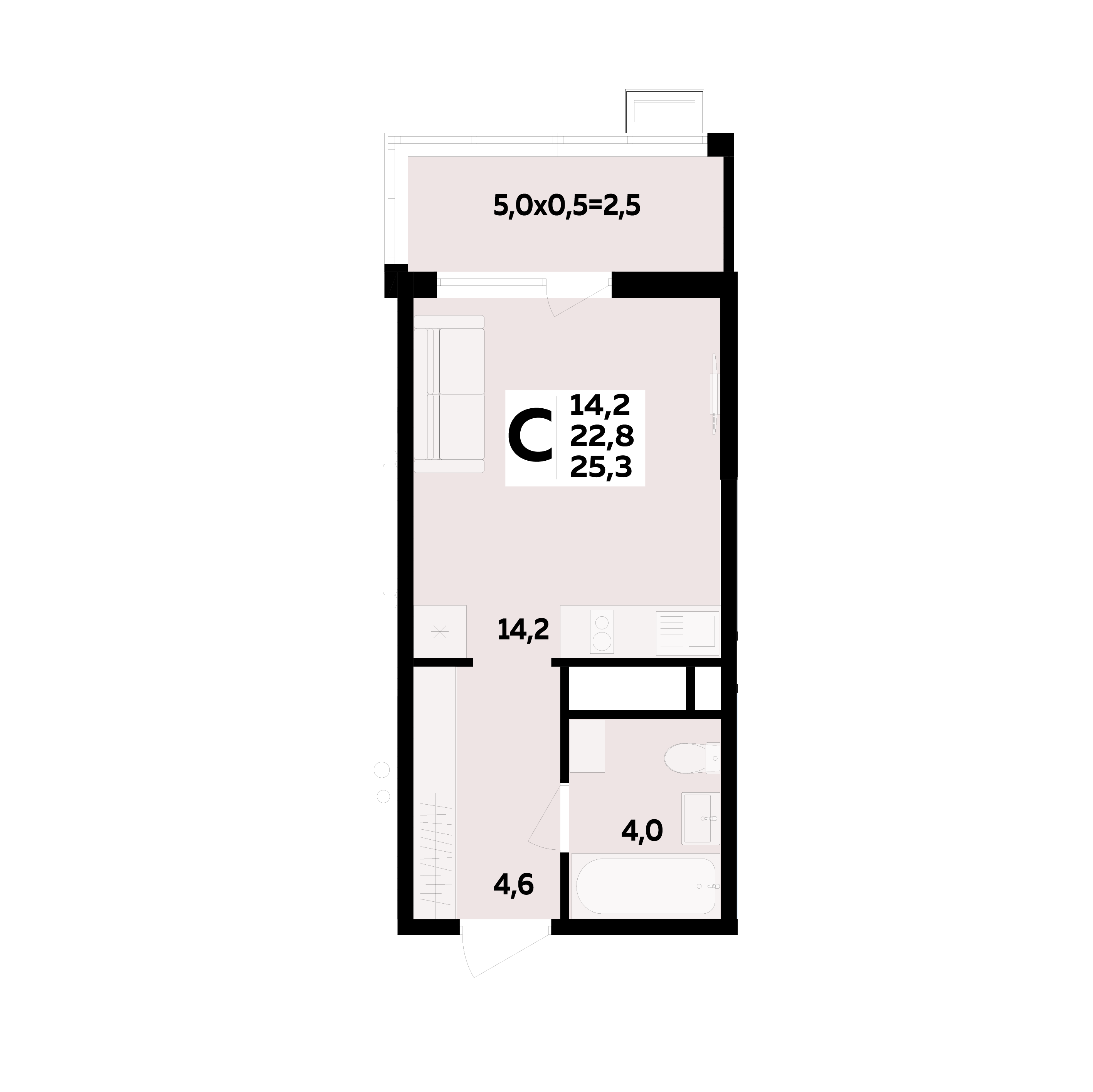 Планировка: Студия 25,3 м²
