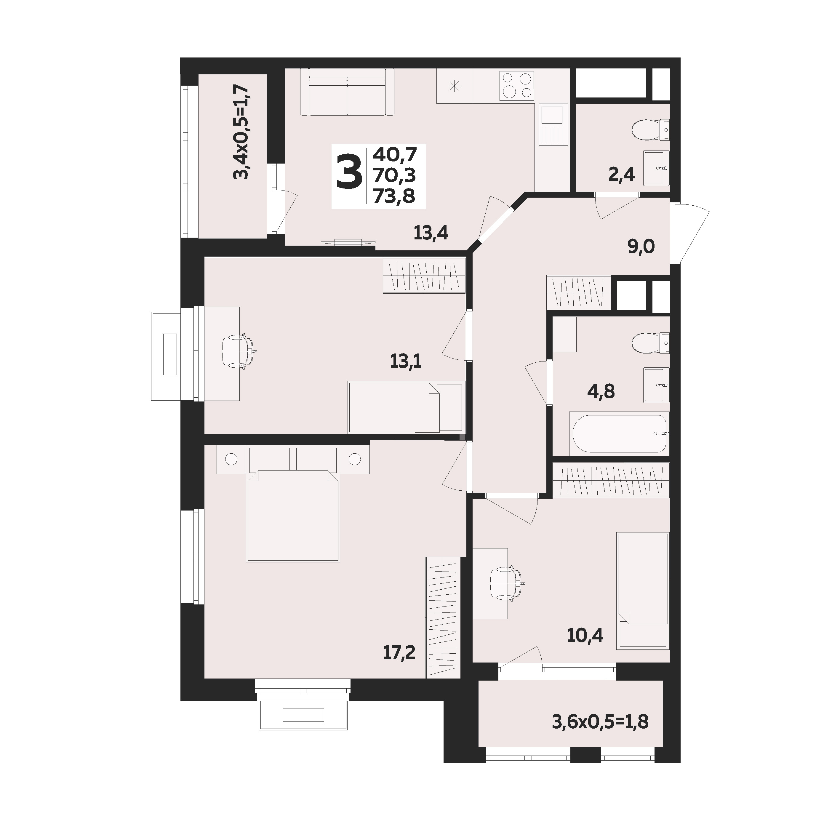 Планировка: 3-комн. квартира 73,8 м²