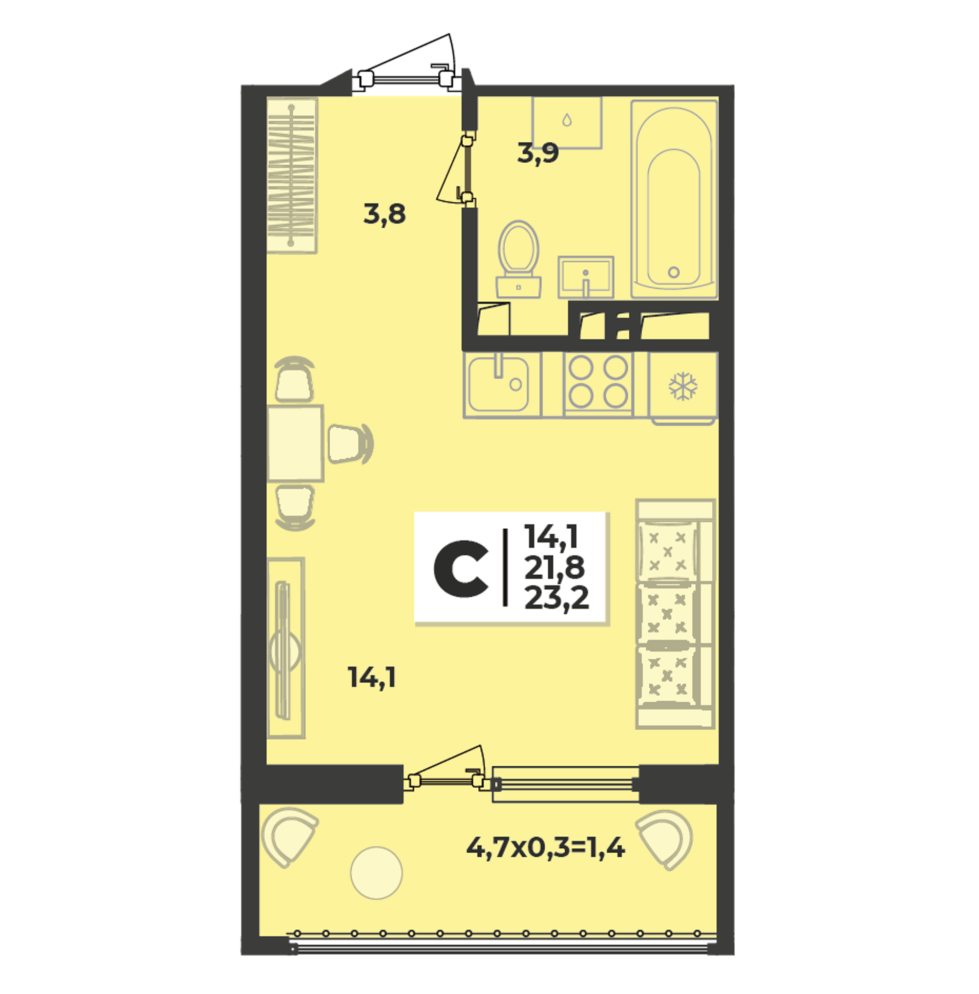 Планировка Студия 23,2 м²