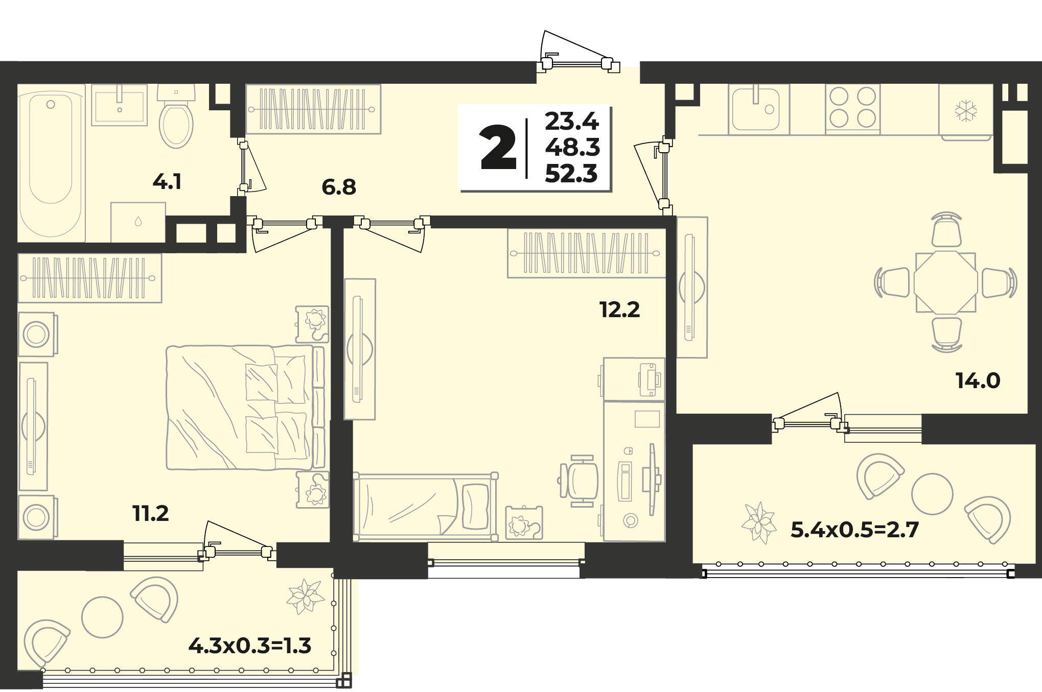 Планировка: 2-комн. квартира 52,3 м²
