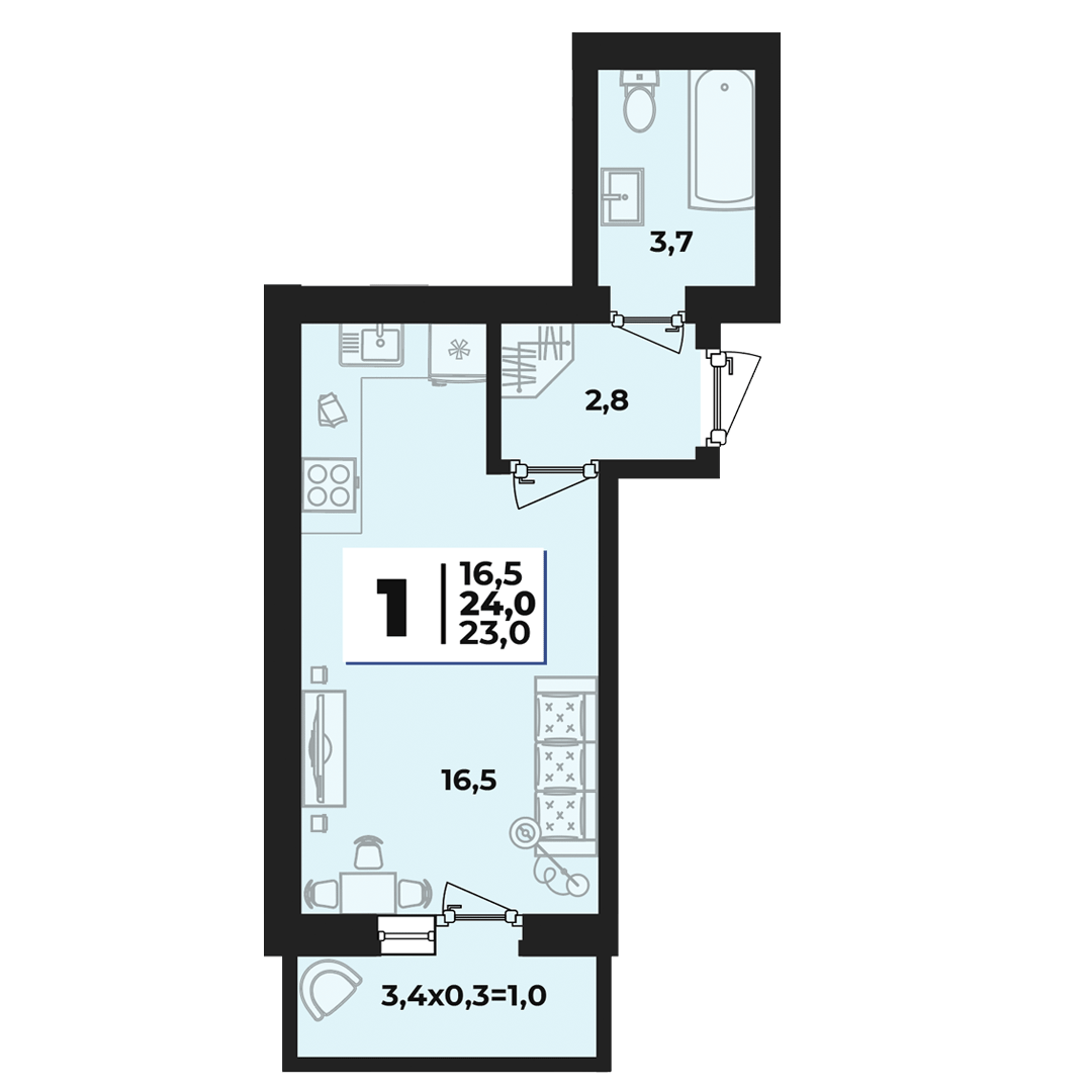 Планировка Студия 24 м²