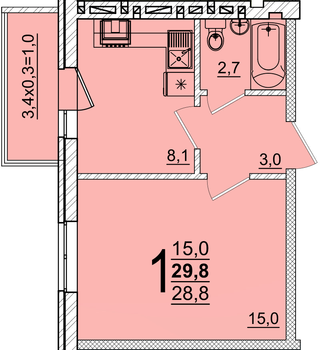 Планировка 1-комнатная 29,8 м²