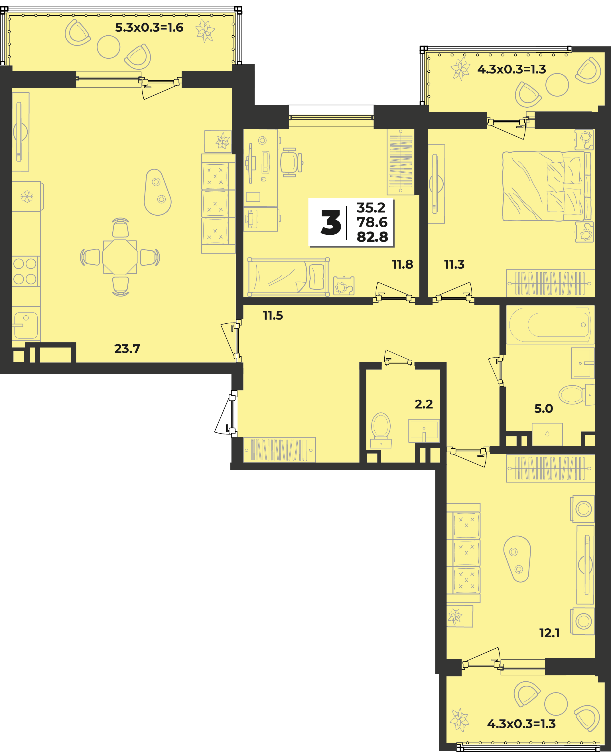 Планировка 3-комнатная 82,8 м²