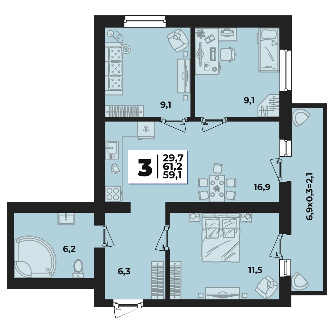 Планировка 3-комнатная 60,7 м²