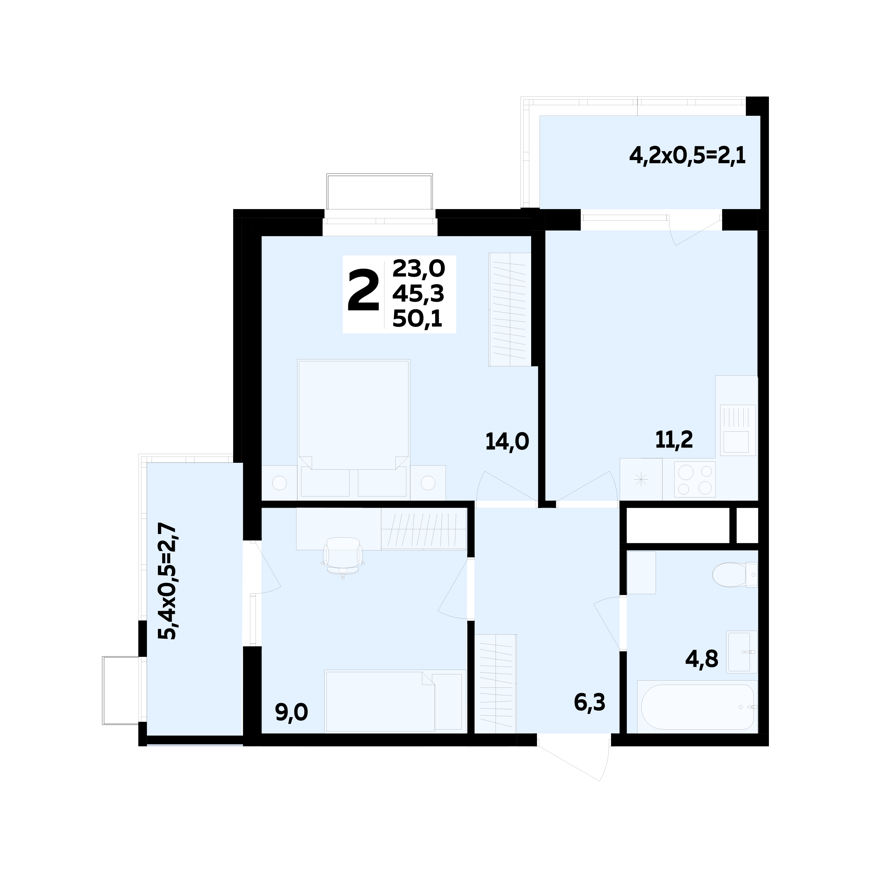 Планировка 2-комнатная 50,1 м²