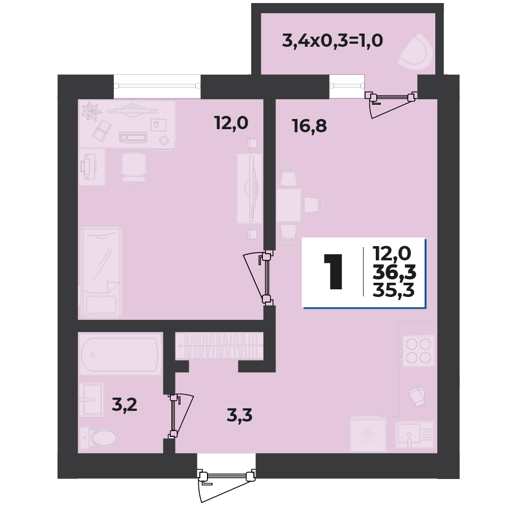 Планировка 1-комнатная 25,6 м²