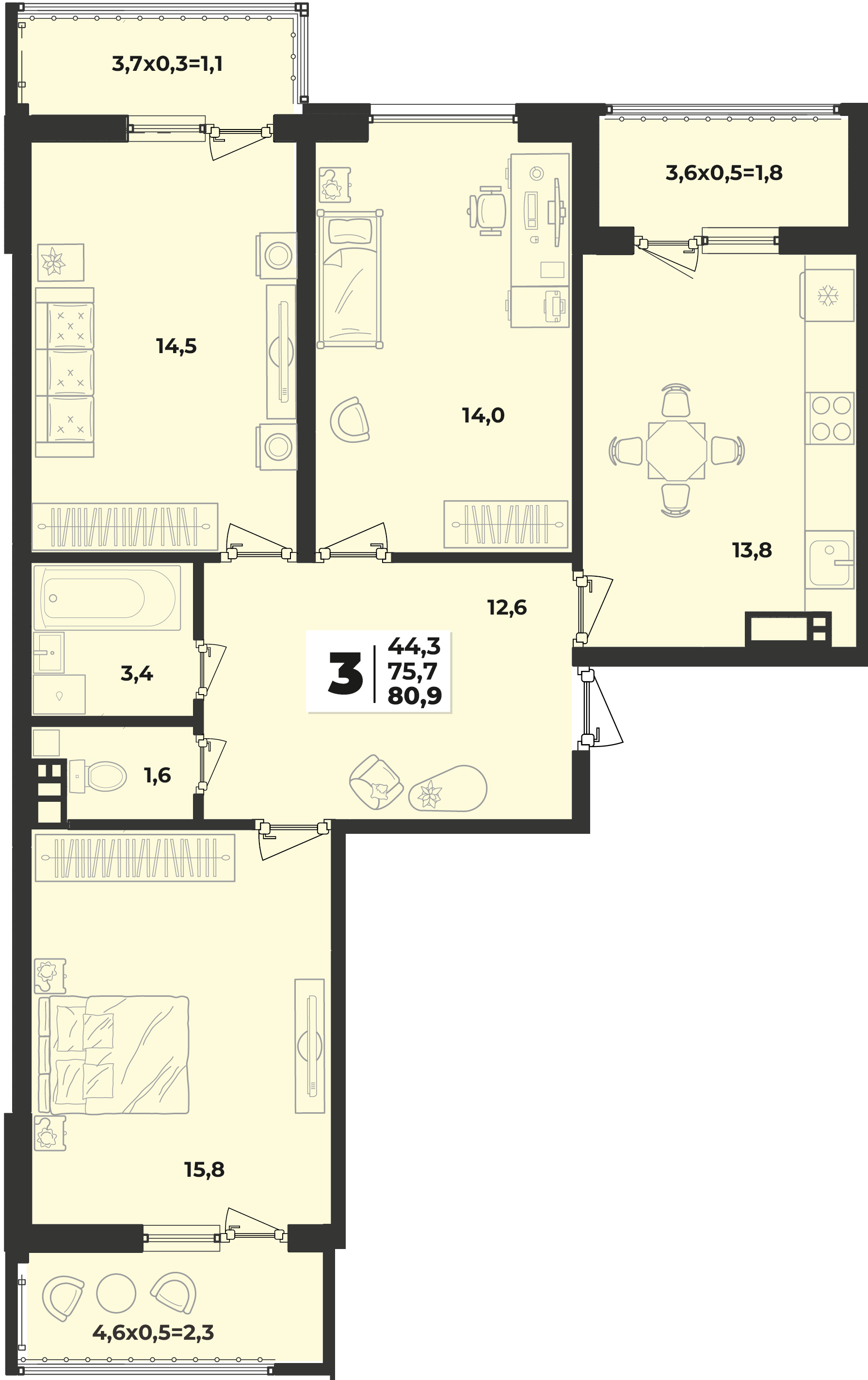 Планировка: 3-комн. квартира 80,9 м²