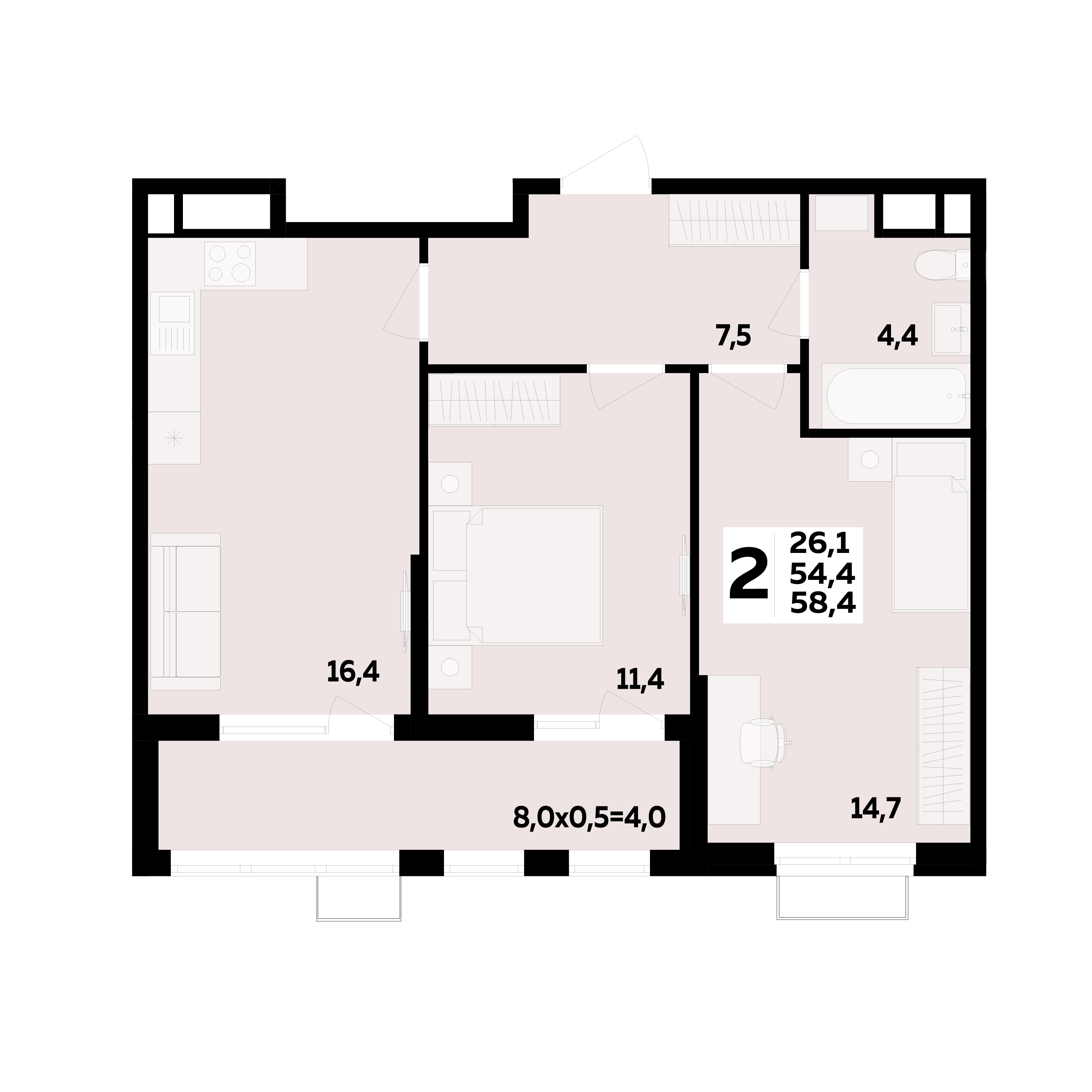 Планировка 2-комнатная 58,4 м²