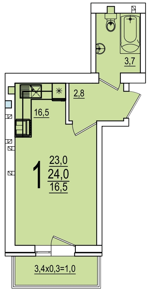 Планировка Студия 24 м²