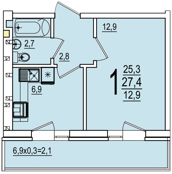 Планировка 1-комнатная 27,4 м²