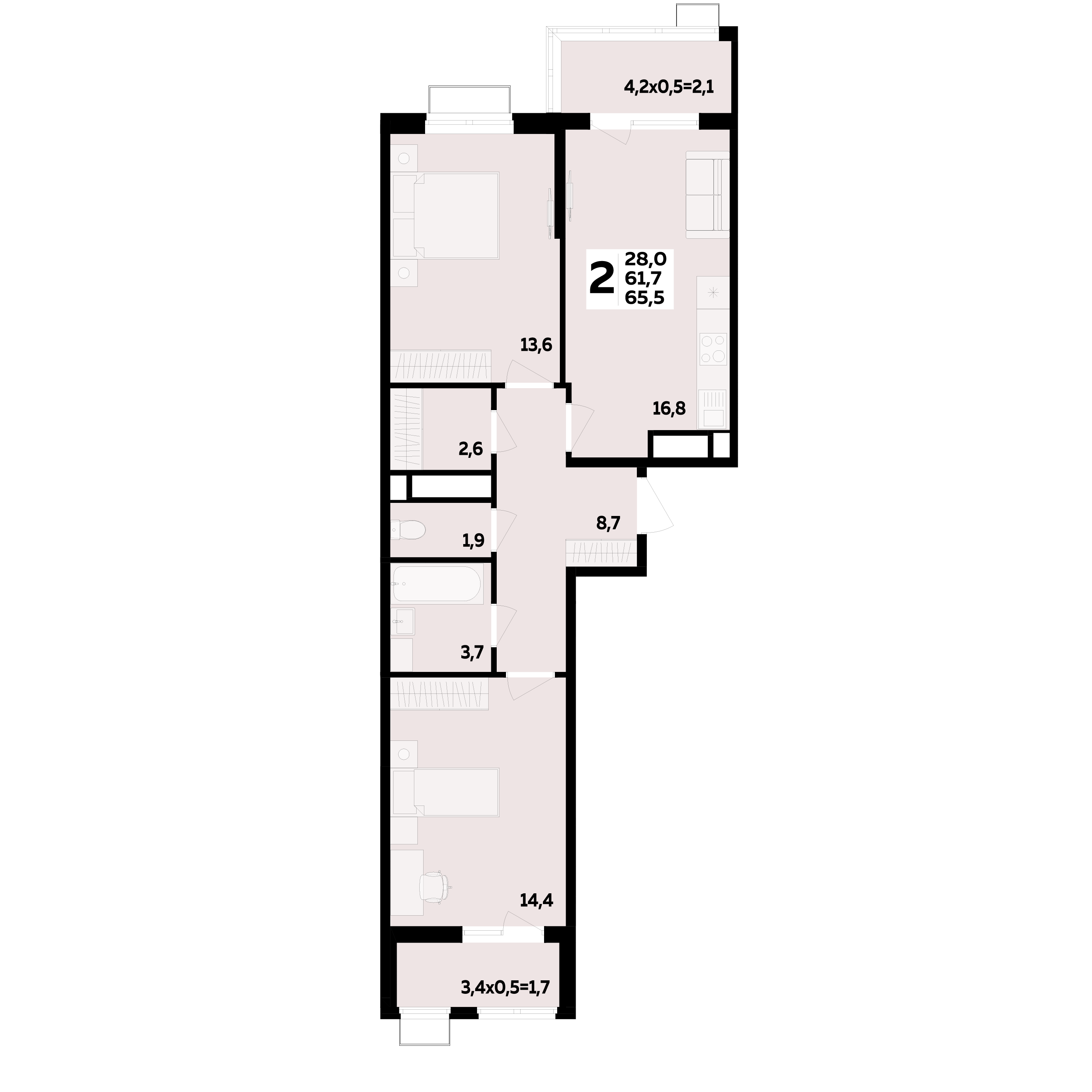 Планировка 2-комнатная 65,5 м²