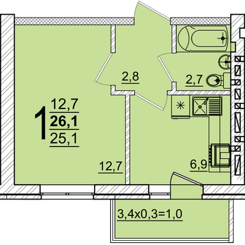Планировка 1-комнатная 26,1 м²