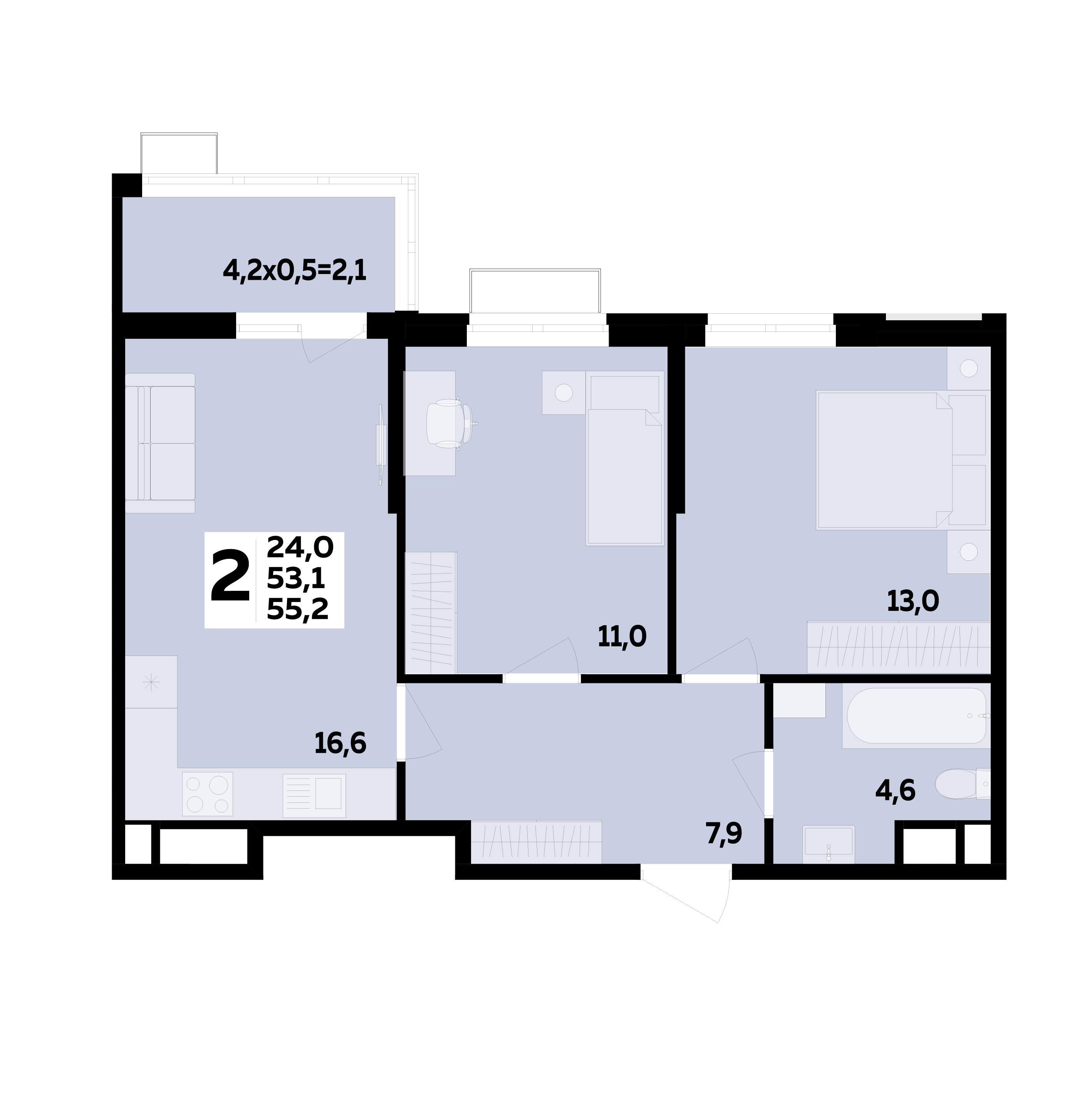 Планировка 2-комнатная 55,2 м²