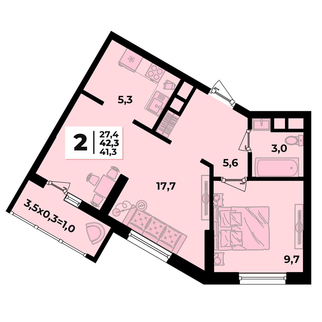 Планировка 2-комнатная 42,2 м²