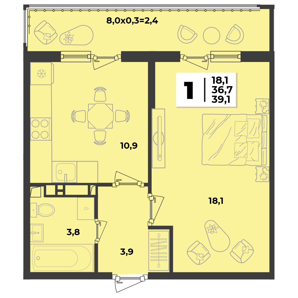 Планировка: 1-комн. квартира 39,1 м²