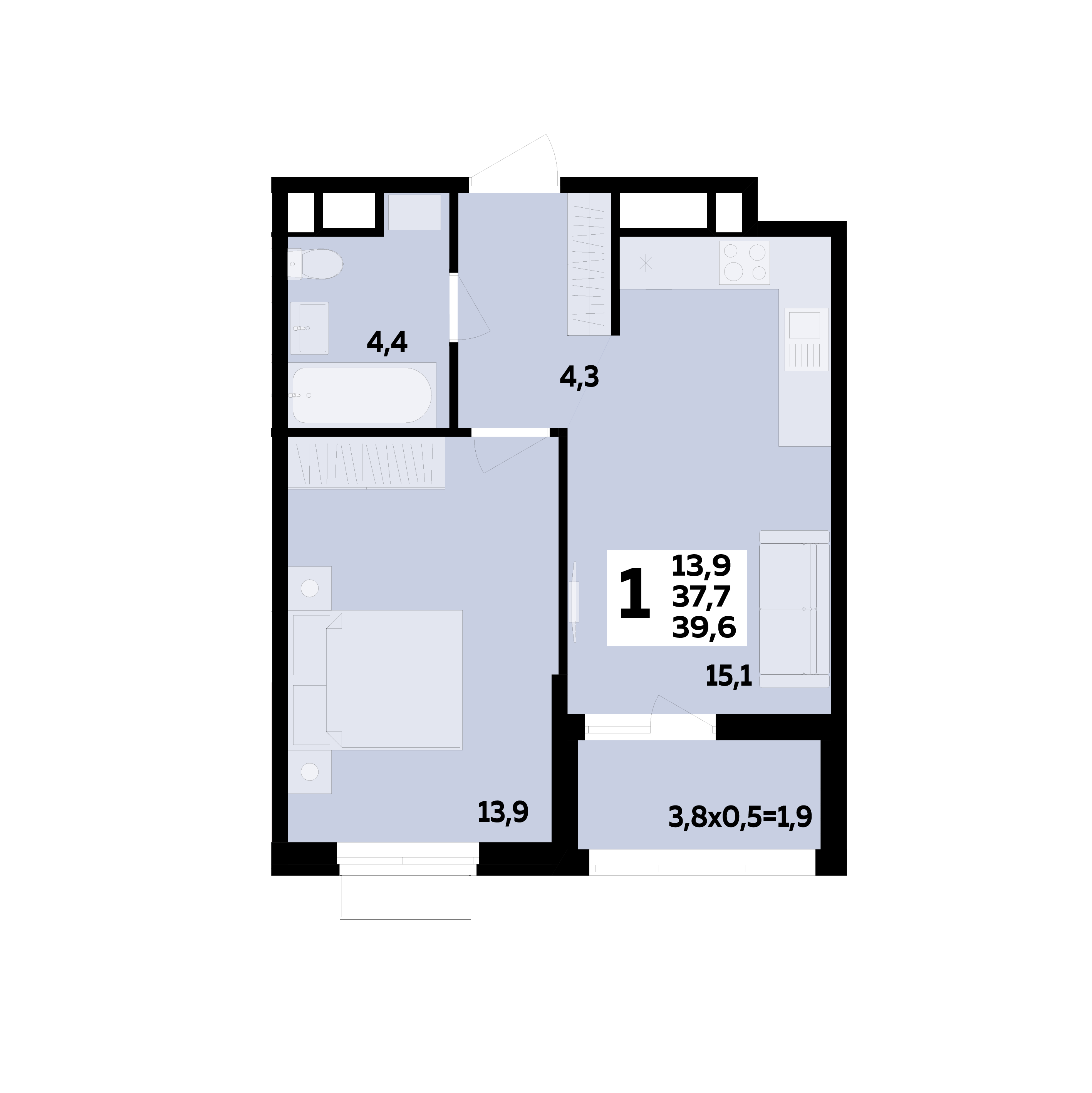 Планировка: 1-комн. квартира 39,6 м²