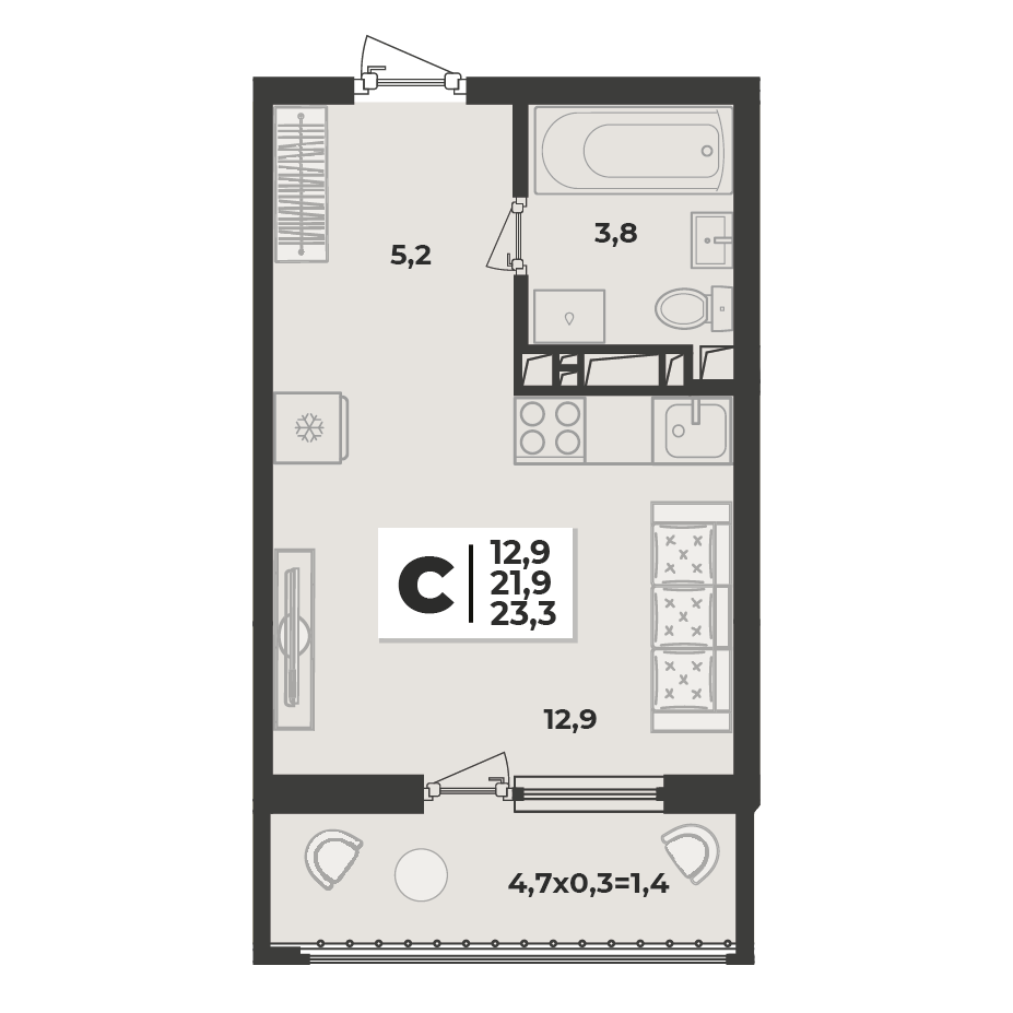 Планировка: Студия 23,3 м²