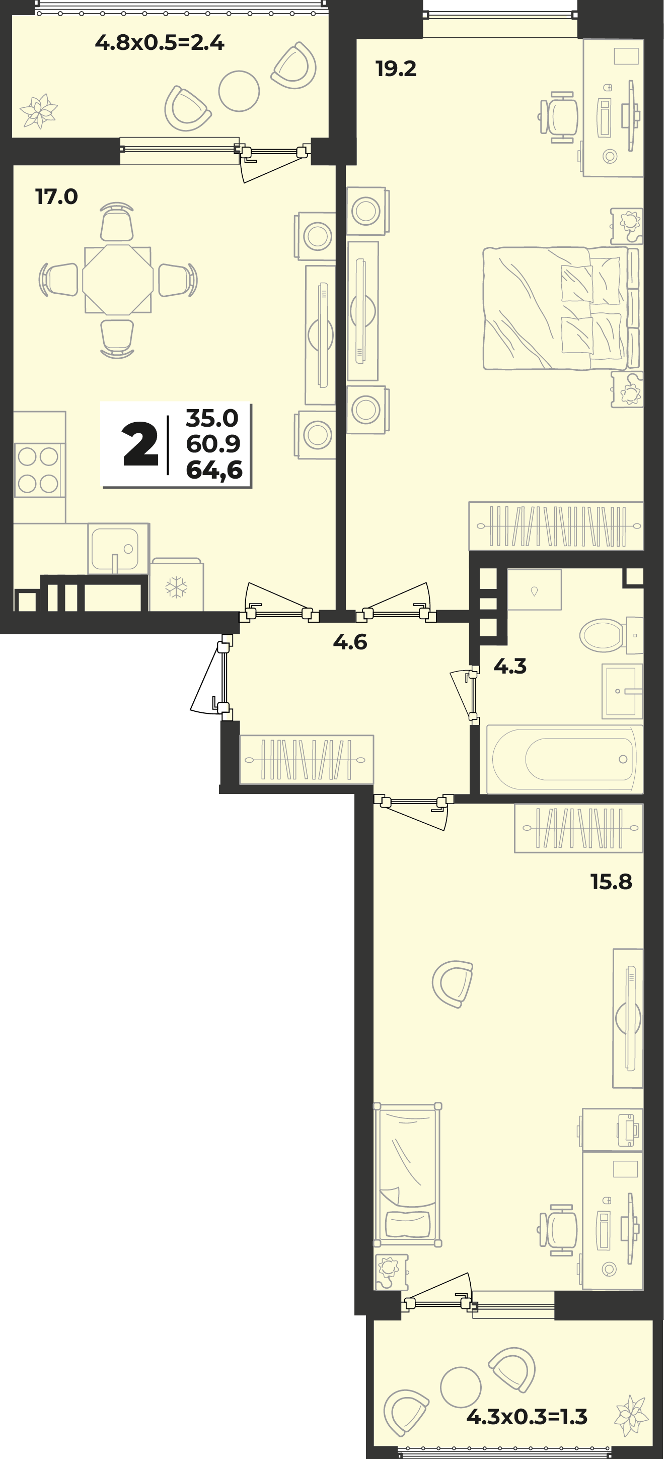 Планировка 2-комнатная 64,6 м²