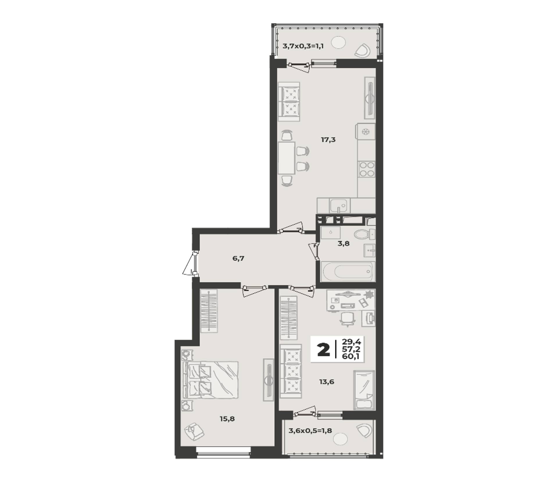 Планировка 2-комнатная 60,1 м²
