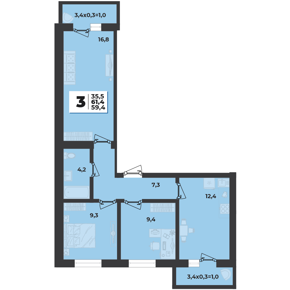 Планировка: 3-комн. квартира 60,9 м²