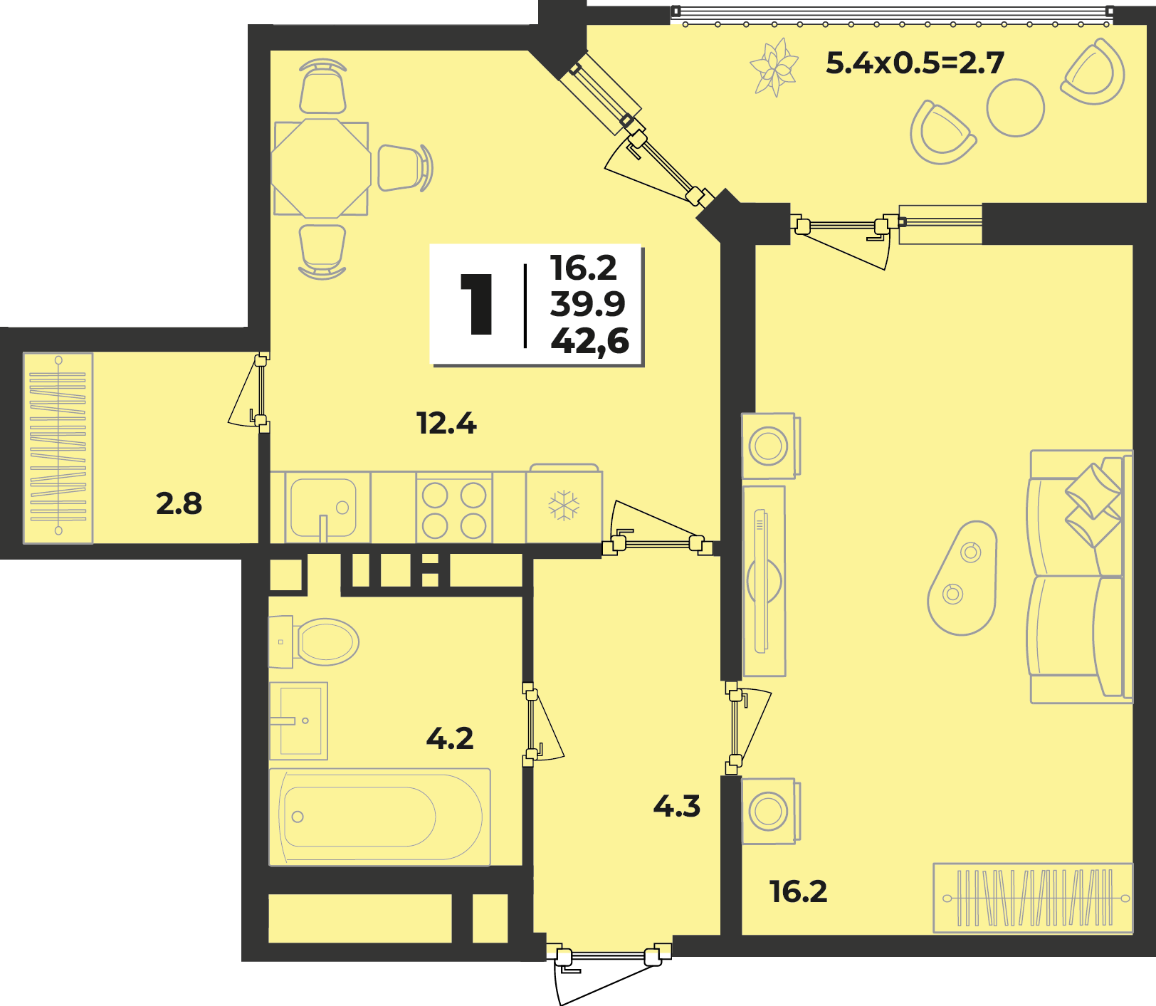 Планировка 1-комнатная 42,6 м²