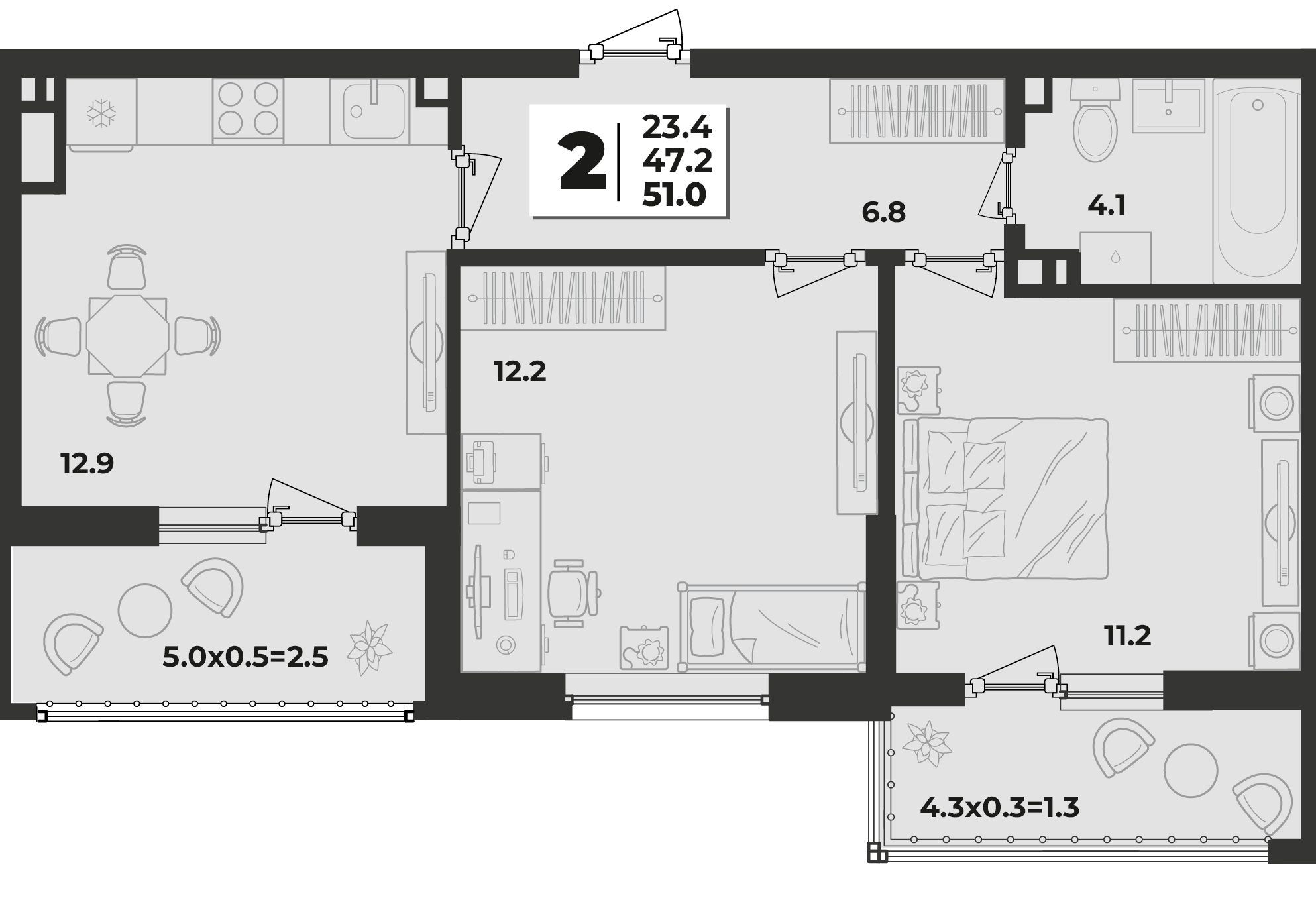 Планировка 2-комнатная 51 м²