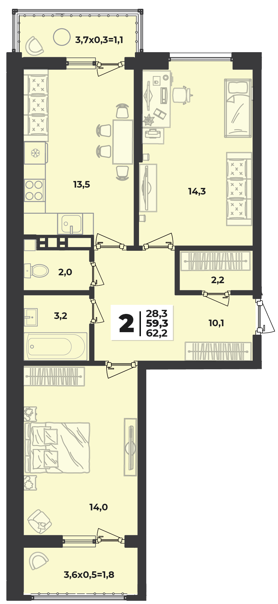 Планировка 2-комнатная 62,2 м²