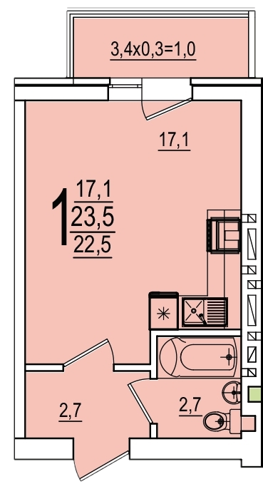 Планировка: Студия 23,3 м²