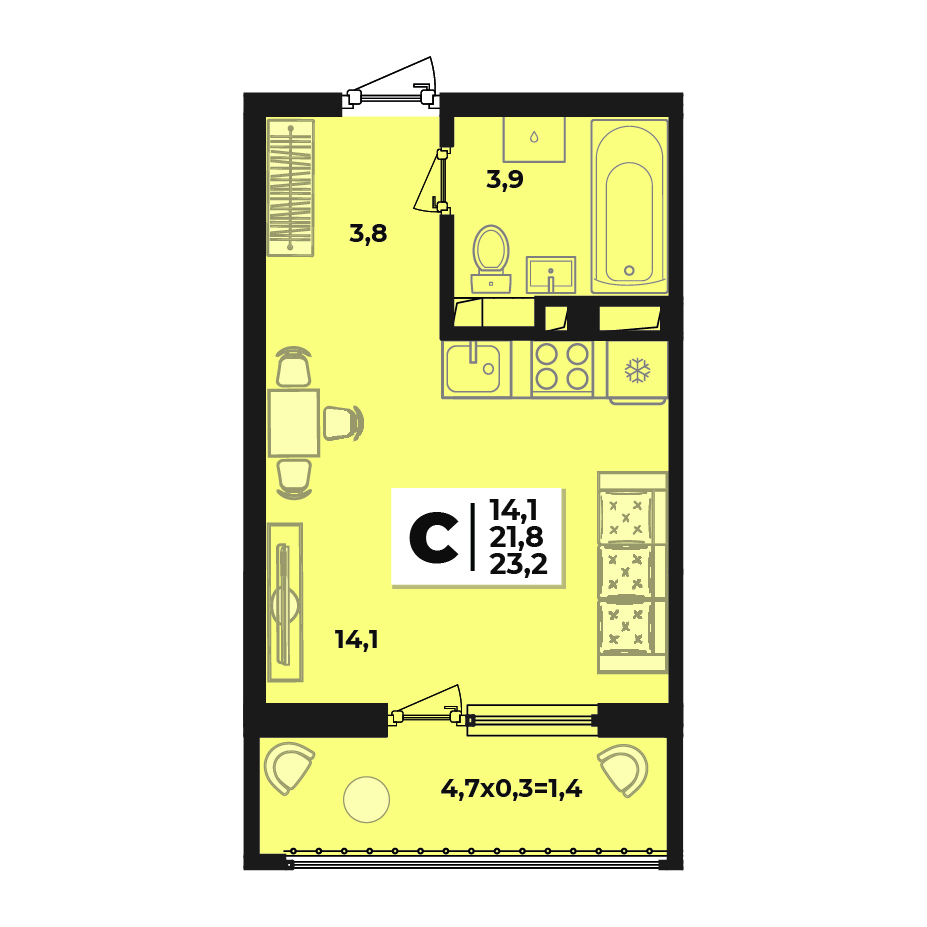 Планировка: Студия 23,3 м²