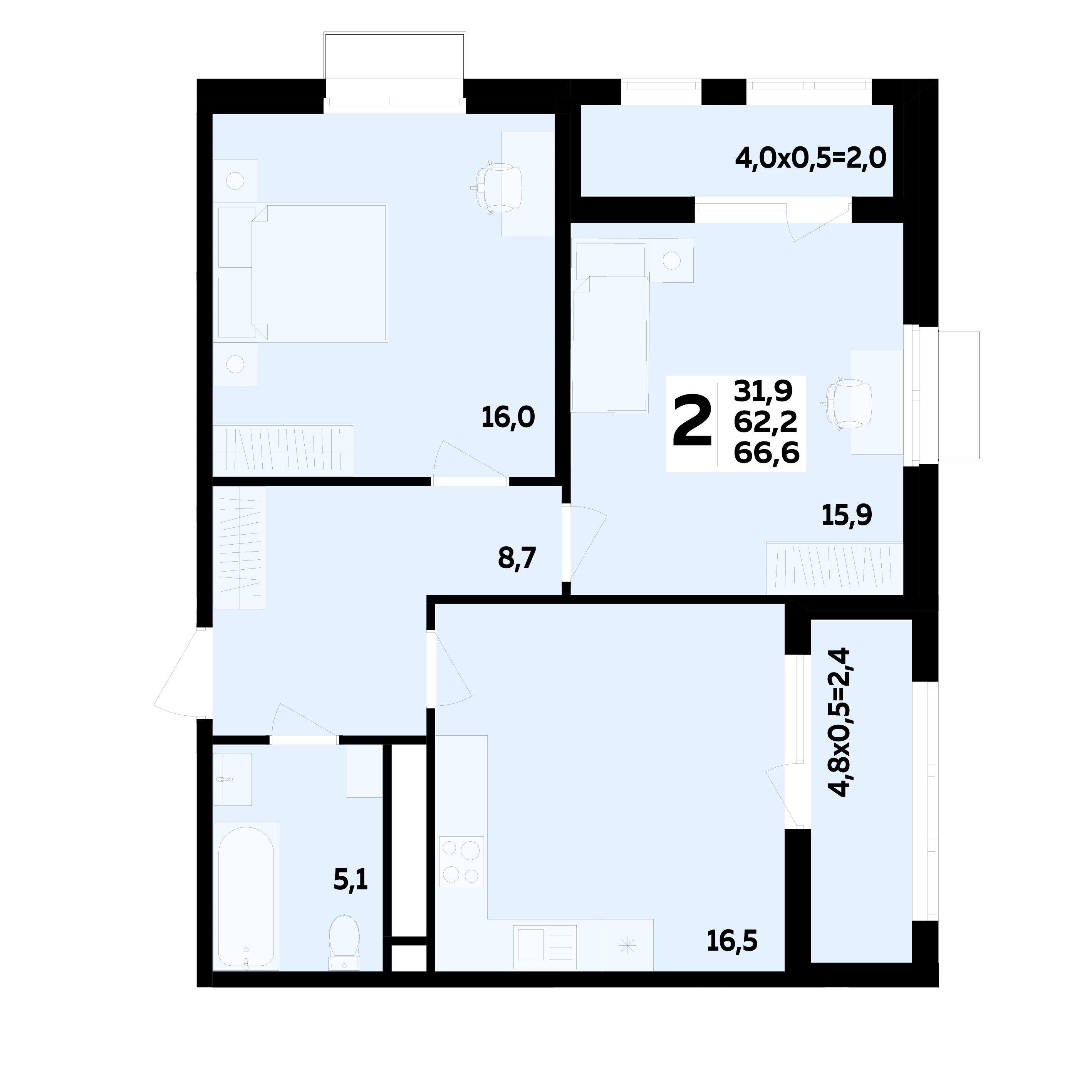 Планировка 2-комнатная 66,6 м²