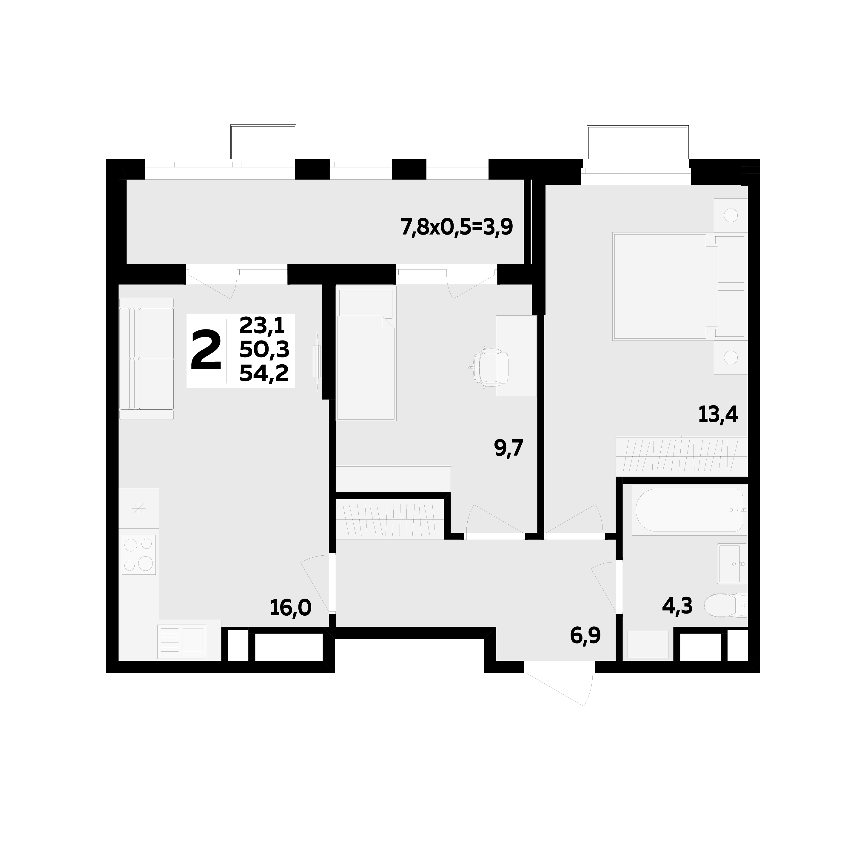Планировка 2-комнатная 54,2 м²