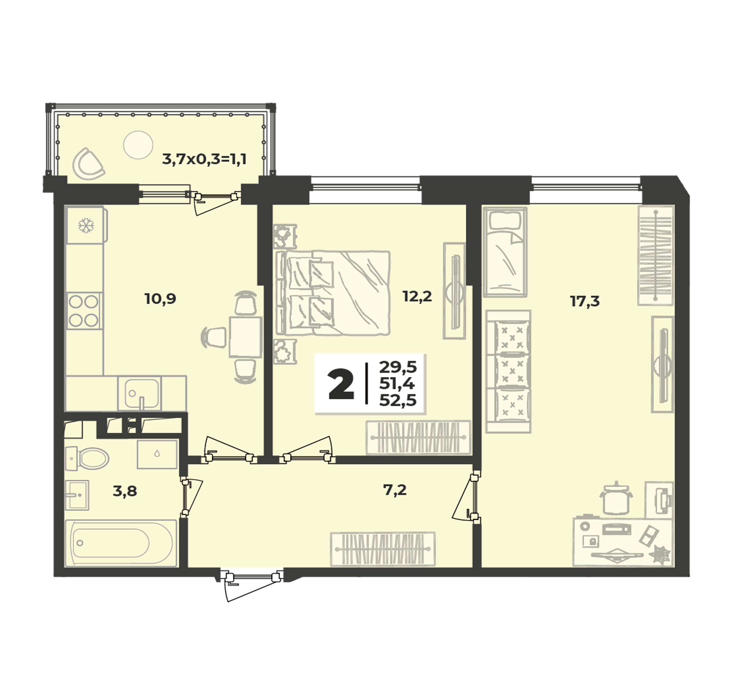 Планировка 2-комнатная 52,5 м²
