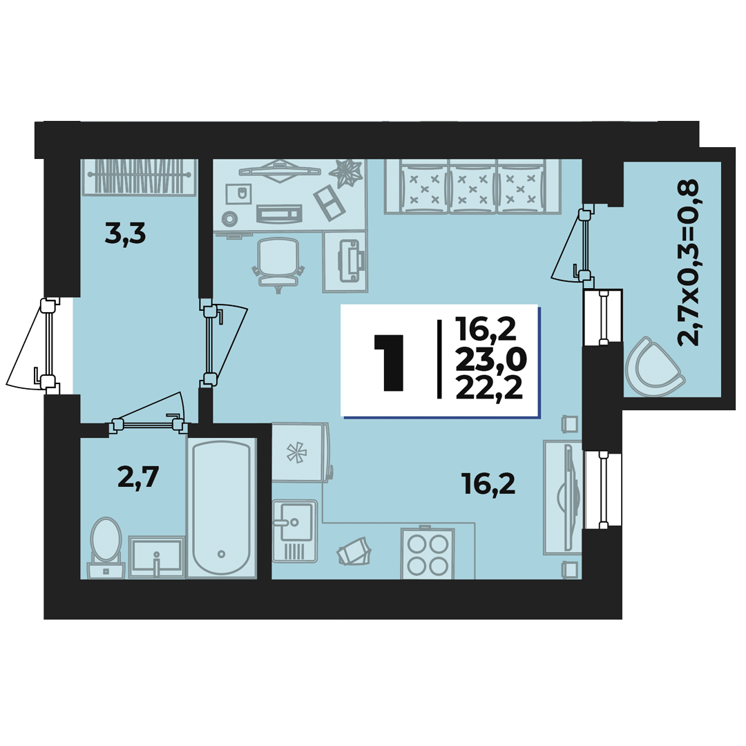 Планировка: Студия 22,5 м²