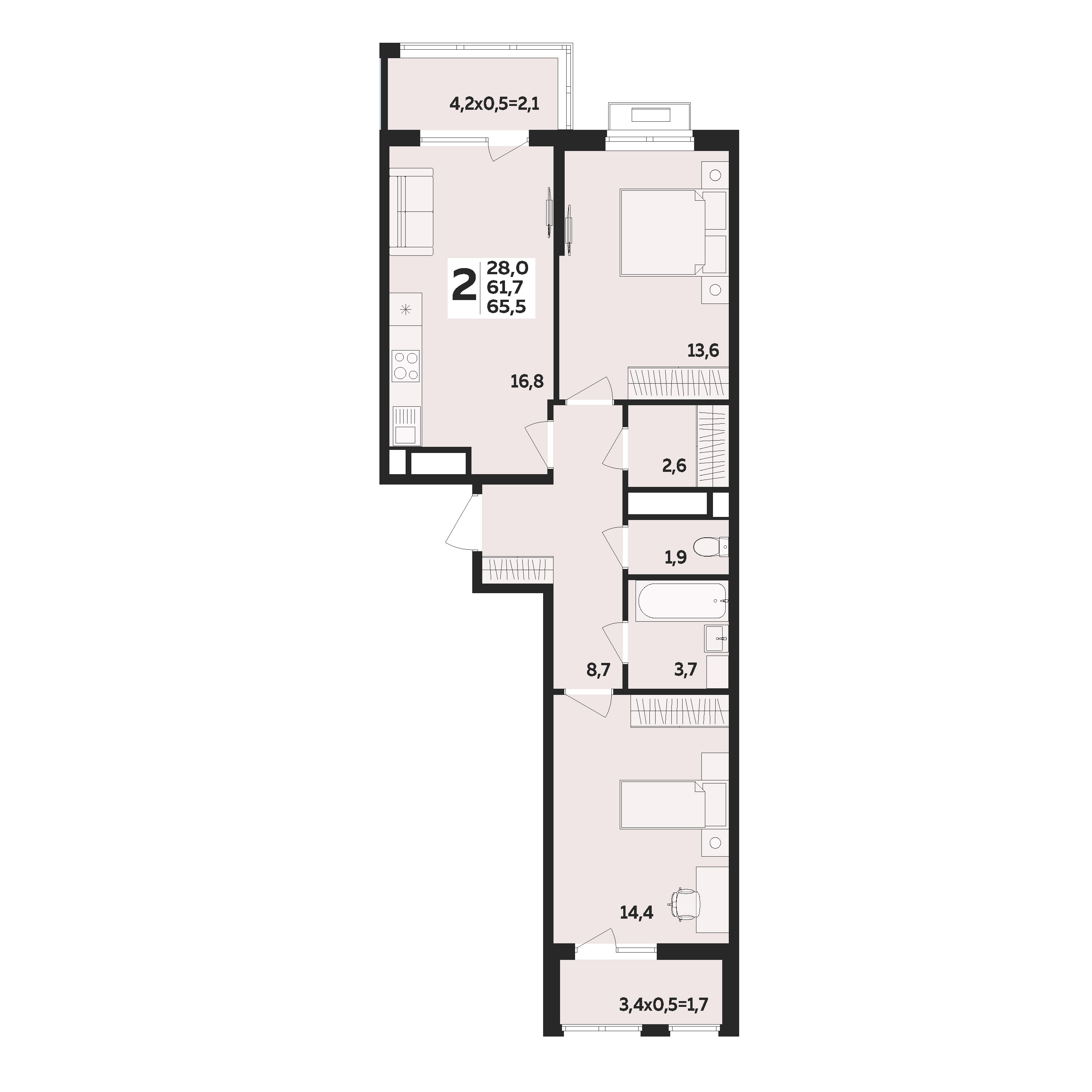 Планировка 2-комнатная 65,5 м²