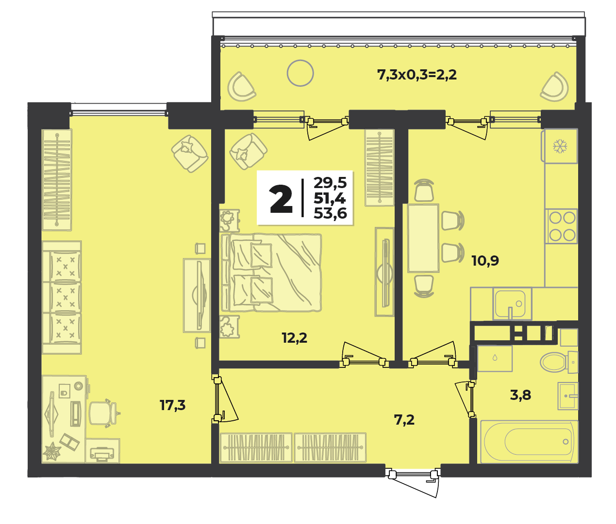 Планировка 2-комнатная 53,6 м²