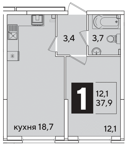 Планировка: 1-комн. квартира 37,9 м²