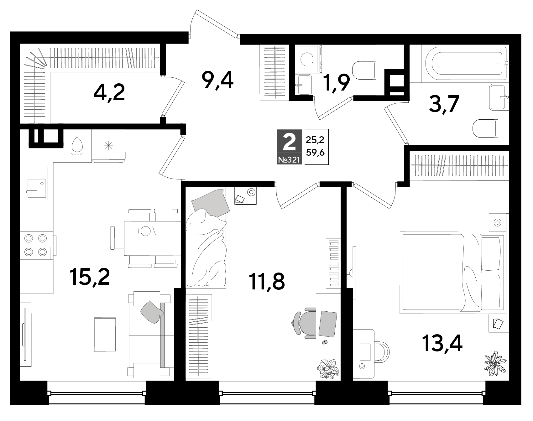 Планировка: 2-комн. квартира 59,6 м²