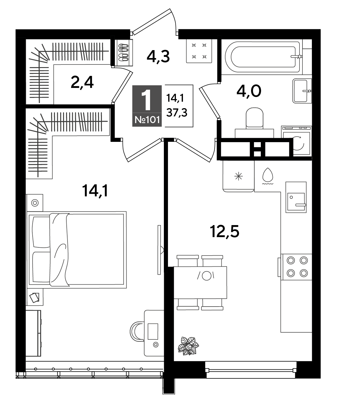 Планировка: 1-комн. квартира 37,3 м²