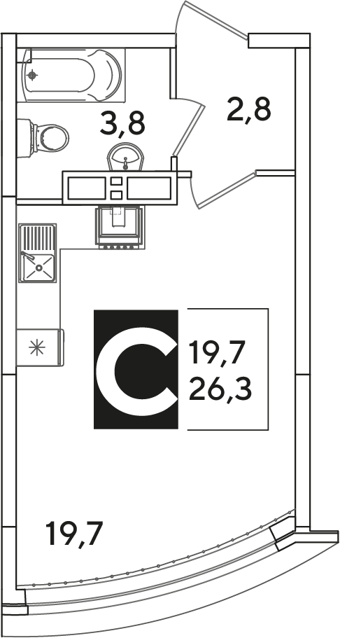 Планировка: Студия 26,3 м²
